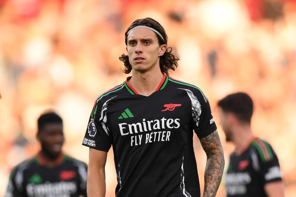 Riccardo Calafiori of Arsenal looks on during the Premier League match between Aston Villa FC and Arsenal FC at Villa Park on August 24, 2024 in Bi...