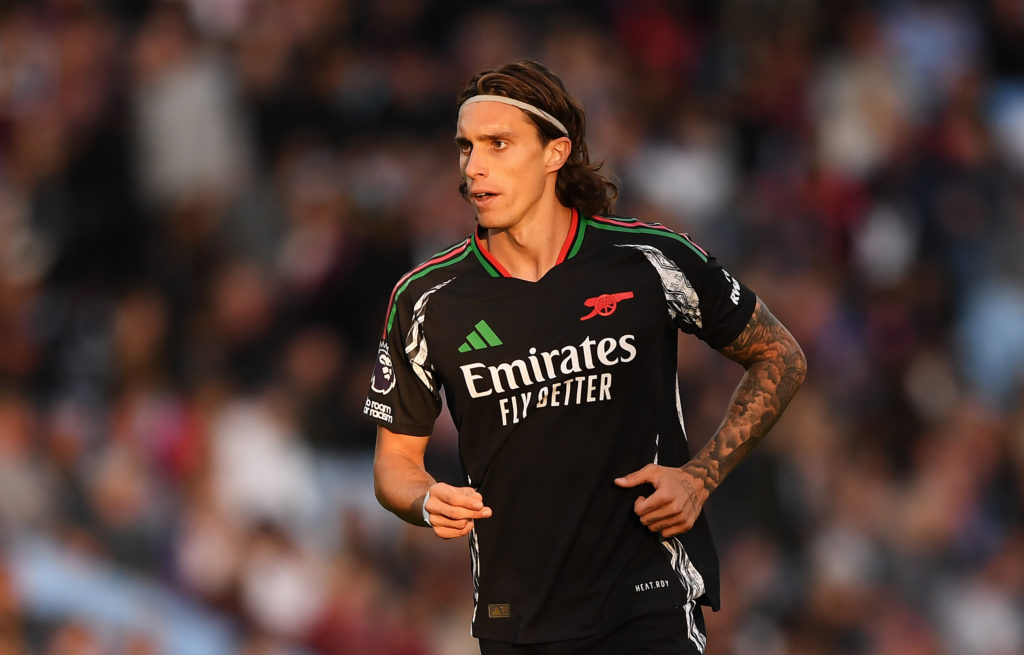 Riccardo Calafiori of Arsenal looks on during the Premier League match between Aston Villa FC and Arsenal FC at Villa Park on August 24, 2024 in Bi...