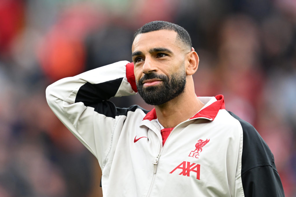 Mohamed Salah of Liverpool looks on before the Premier League match between Liverpool FC and Brentford FC at Anfield on August 25, 2024 in Liverpoo...