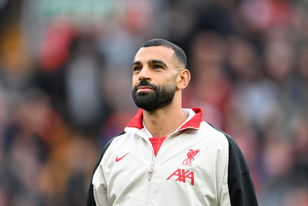 Mohamed Salah of Liverpool looks on before the Premier League match between Liverpool FC and Brentford FC at Anfield on August 25, 2024 in Liverpoo...