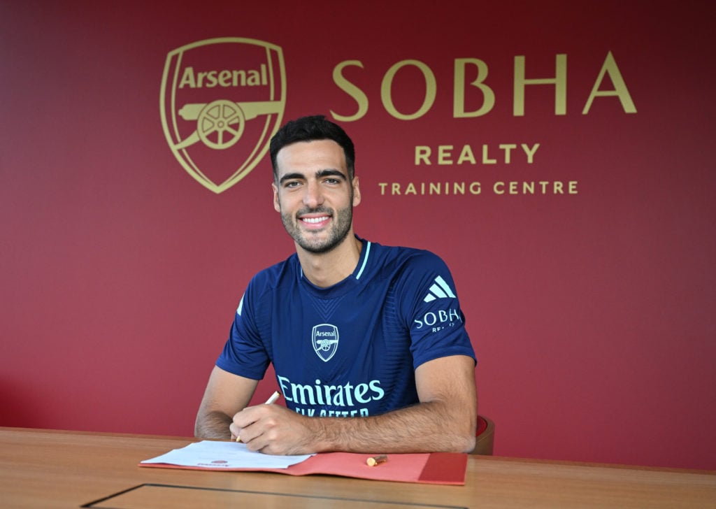 Arsenal unveil new signing Mikel Merino at Sobha Realty Training Centre on August 27, 2024 in London Colney, England.