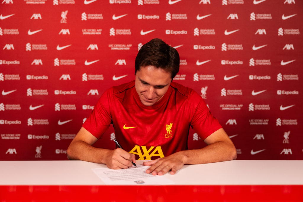 (THE SUN OUT, THE SUN ON SUNDAY OUT) Federico Chiesa new signing of Liverpool at AXA Training Centre on August 28, 2024 in Kirkby, England.