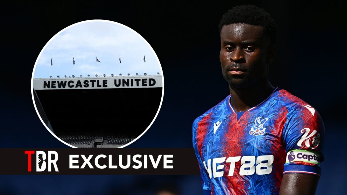 Marc Guehi of Crystal Palace during a Pre-Season Friendly match. Inset, a general view of the Newcastle Untied signage at St James' Park.