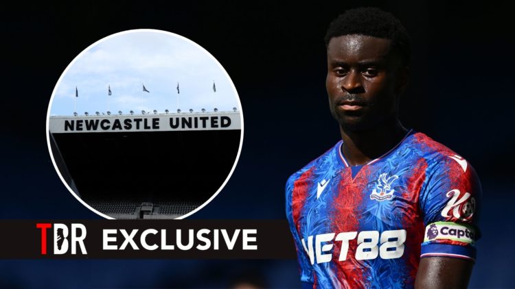Marc Guehi of Crystal Palace during a Pre-Season Friendly match. Inset, a general view of the Newcastle Untied signage at St James' Park.