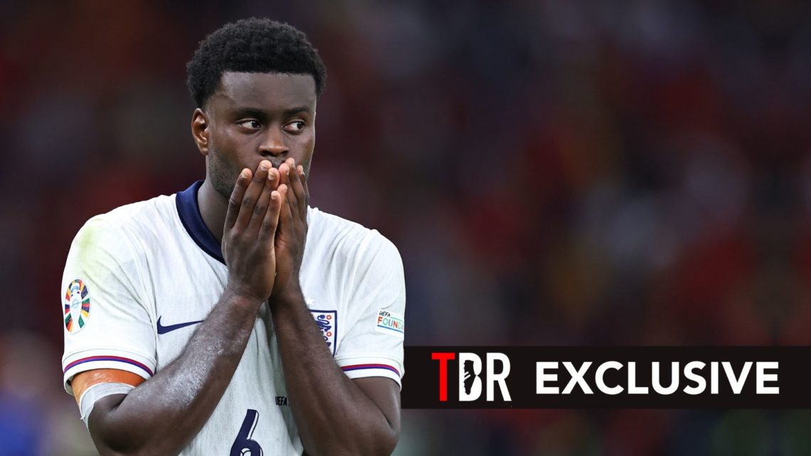 A dejected Marc Guehi of England during the UEFA EURO 2024 final match between Spain and England. Overlaid, an exclusive banner.