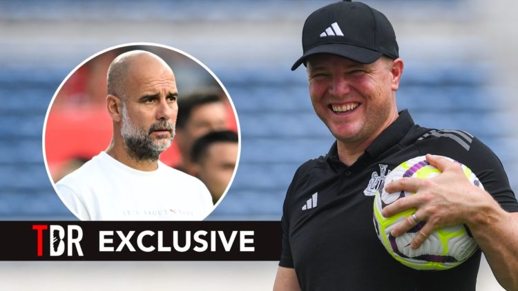 Newcastle United Head Coach Eddie Howe laughs during the Newcastle United Pre-Season Training Session. Inset, Pep Guardiola.
