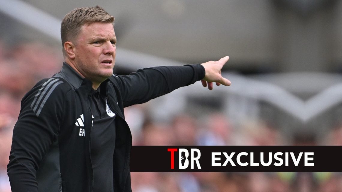 Eddie Howe, head coach of Newcastle United makes a point from the sidelines during the Premier League match. Overlaid, an exclusive banner.