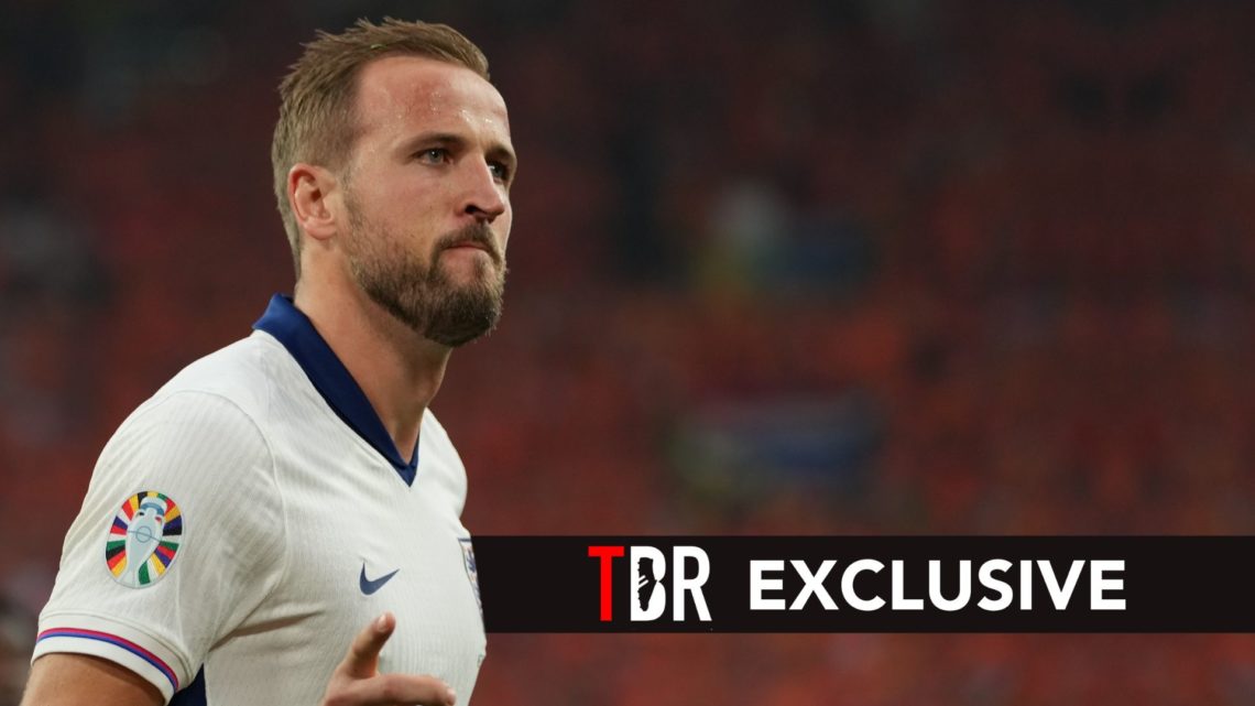 Harry Kane of England celebrates the equaliser from the penalty spot. Overlaid, an exclusive banner.