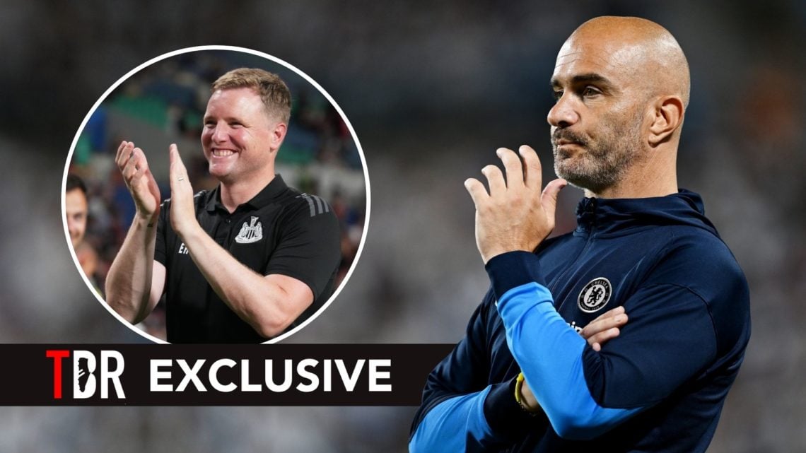 Enzo Maresca, Manager of Chelsea reacts during the Pre-Season Friendly match. Inset, Eddie Howe applauds.