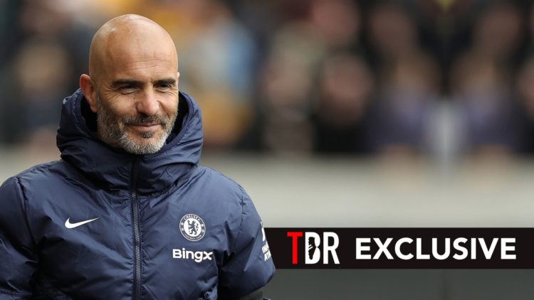 Enzo Maresca, the Chelsea manager looks on during the Premier League match. Overlaid, an exclusive banner.