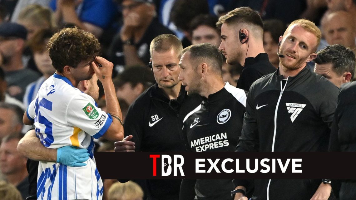 Matt O'Riley of Brighton & Hove Albion (L) reacts after being substituted due to injury. Overlaid, an exclusive banner.