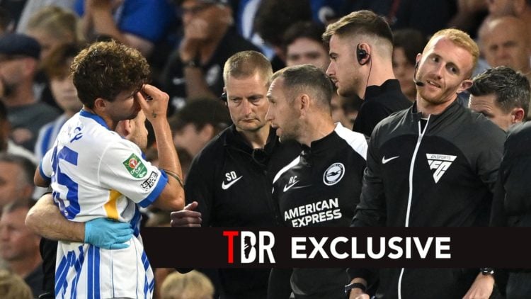 Matt O'Riley of Brighton & Hove Albion (L) reacts after being substituted due to injury. Overlaid, an exclusive banner.