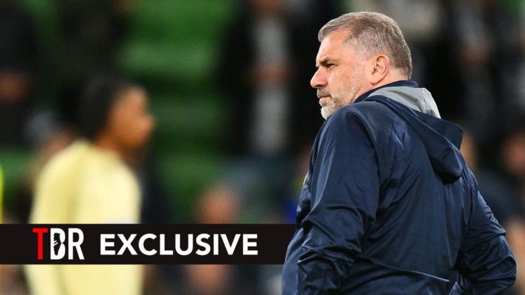 Ange Postecoglou, Manager of Tottenham Hotspur, watches on. Overlaid, an exclusive banner.