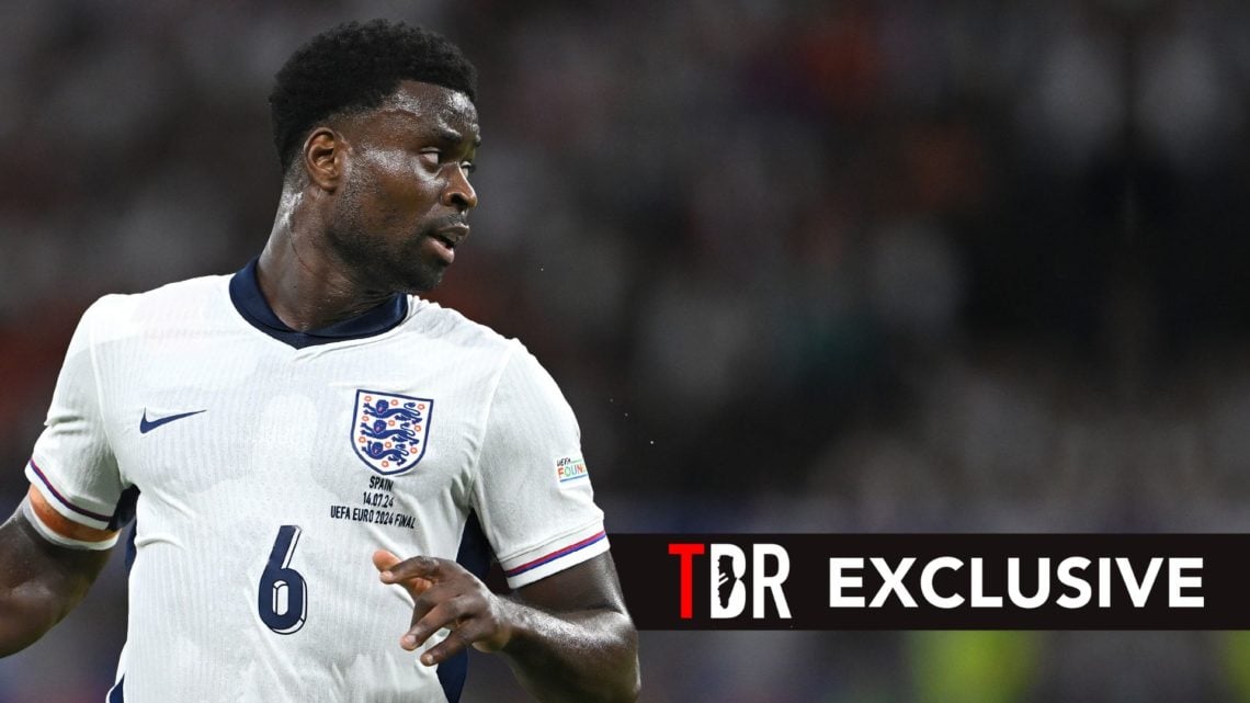 England player Marc Guehi in action during the UEFA EURO 2024 final match. Overlaid, an exclusive banner.