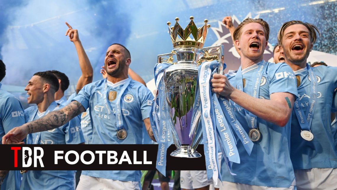 Kyle Walker, Kevin De Bruyne and Jack Grealish lift the Premier League trophy after the Premier League match. Overlaid, a TBR Football banner.