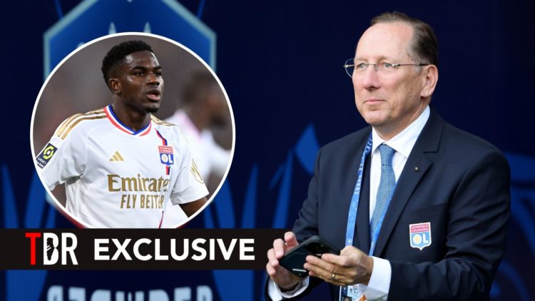 John Textor of Olympique Lyonnais reacts during the French Cup Final match between Olympique Lyonnais and Paris Saint-Germain. Inset, Ernest Nuamah.