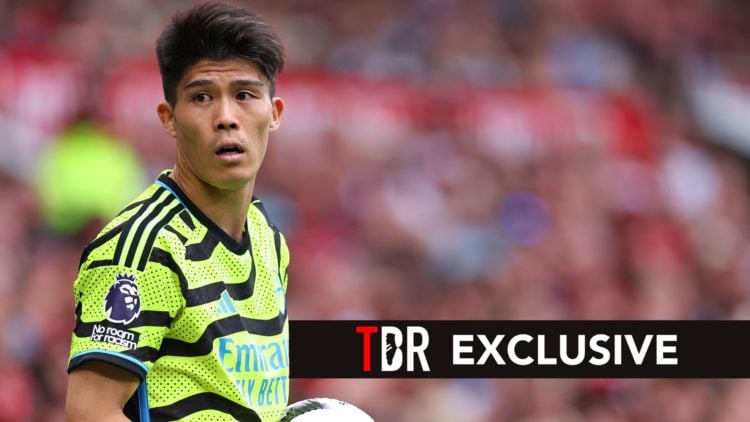 MANCHESTER, ENGLAND - MAY 12: Takehiro Tomiyasu of Arsenal during the Premier League match between Manchester United and Arsenal FC at Old Trafford...
