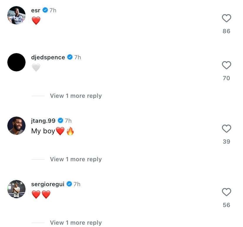 Tottenham defenders Djed Spence and Sergio Reguilon react to Ryan Sessegnon's return from injury at Fulham.