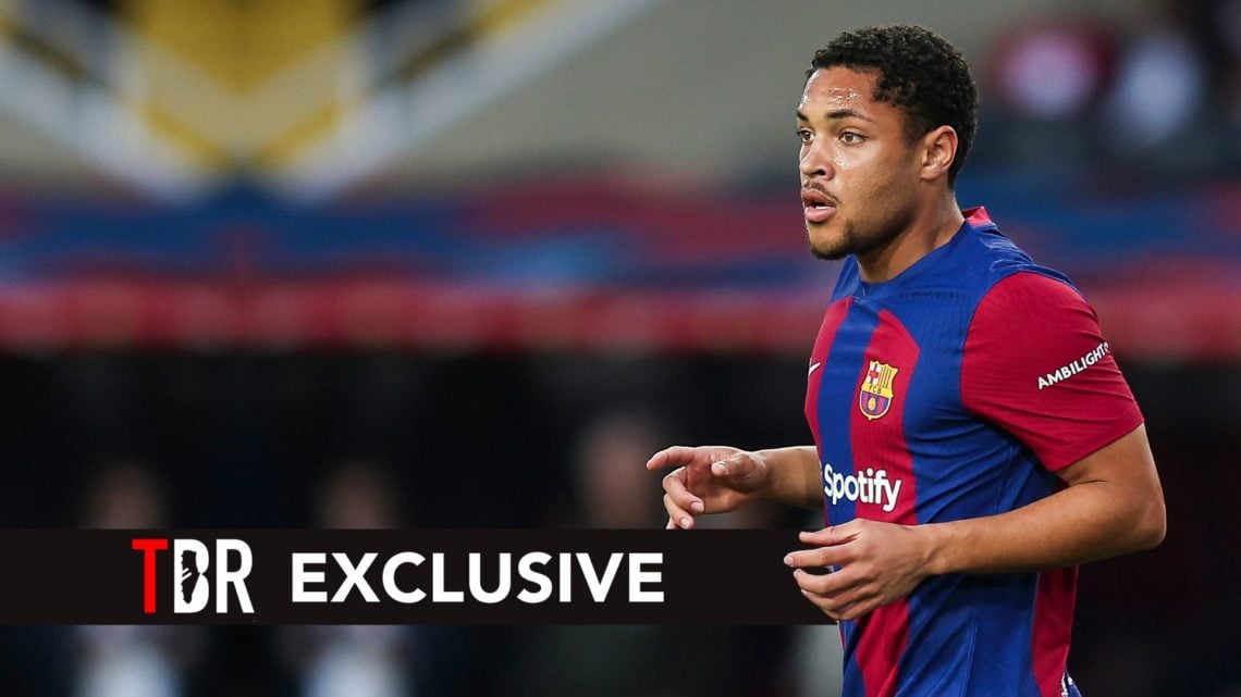 Vitor Roque of FC Barcelona looks on during the LaLiga EA Sports match between FC Barcelona and Rayo Vallecano. Overlaid, an exclusive banner.