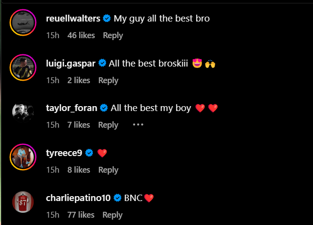 Screengrab of replies under Brook Norton Cuffy's farewell message to Arsenal on Instagram