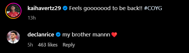 Screengrab of Declan Rice's reply under Kai Havertz's Instagram post after Arsenal 2-0 Wolves