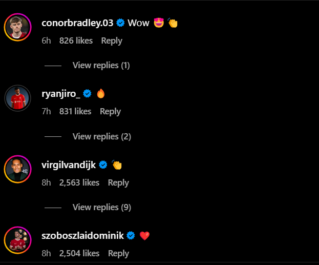 Screengrab of replies under Luis Diaz's Instagram post after Liverpool beat Brentford