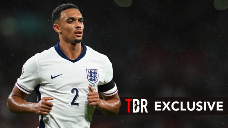Trent Alexander-Arnold of England looks on during the UEFA Nations League 2024/25 League B Group B2 match. Overlaid, an exclusive banner.
