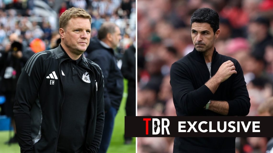 Split image of Eddie Howe and Mikel Arteta. Overlaid, an exclusive banner.