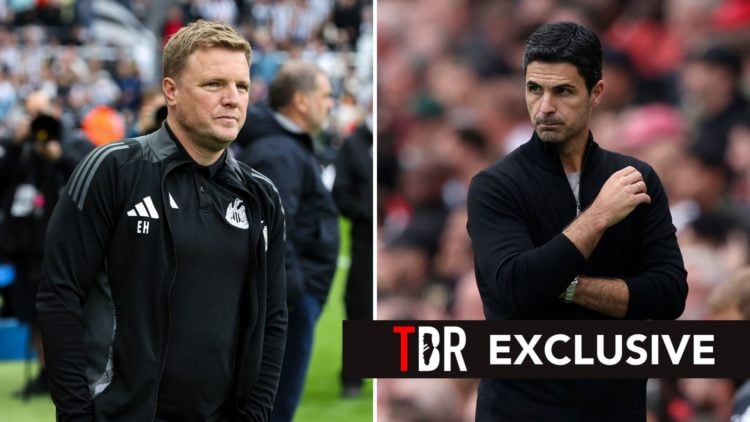 Split image of Eddie Howe and Mikel Arteta. Overlaid, an exclusive banner.