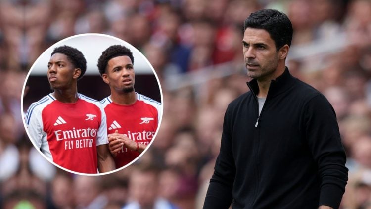 Mikel Arteta, Manager of Arsenal on the side line during the Premier League match between Arsenal FC and Brighton & Hove Albion. Inset, Myles Lewis...