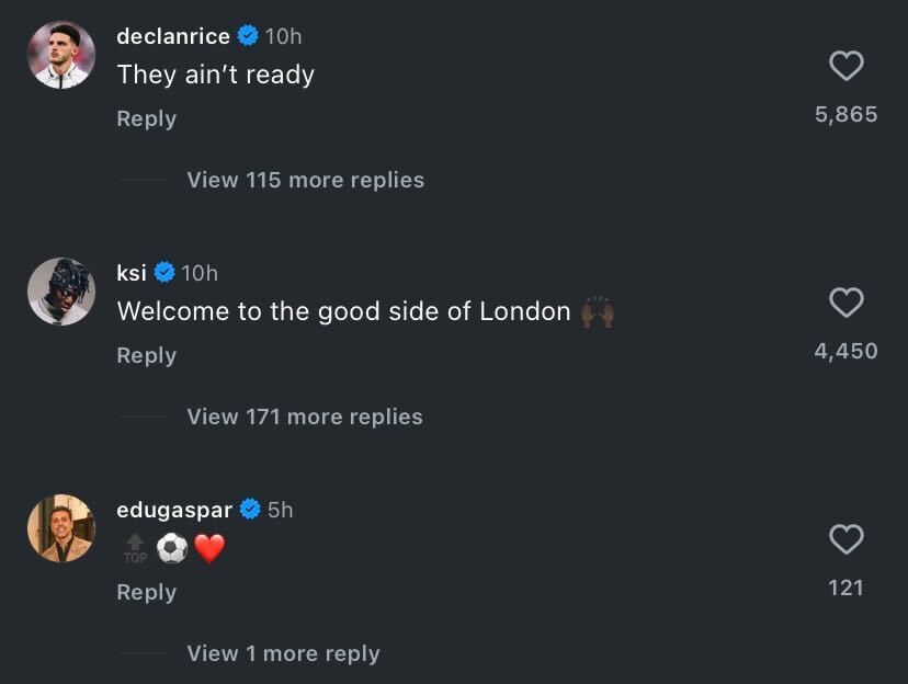 Declan Rice and Edu Gaspar react as Raheem Sterling is finally handed his squad number at Arsenal.