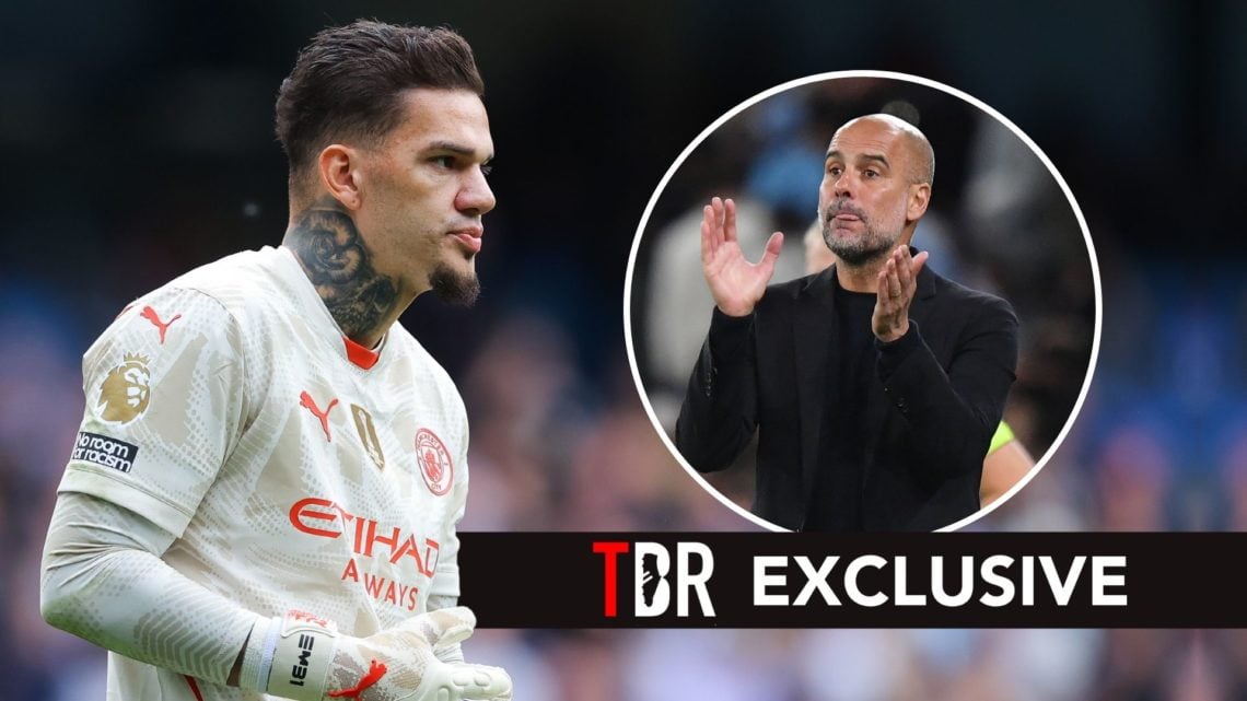 Ederson of Manchester City during the Premier League match. Inset, Pep Guardiola. Overlaid, an exclusive banner.