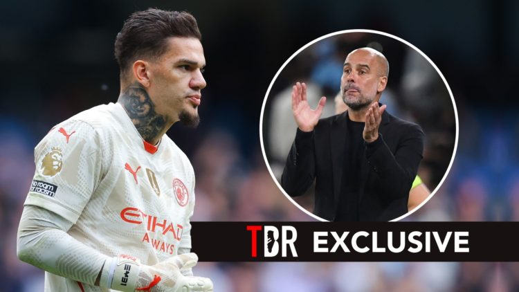 Ederson of Manchester City during the Premier League match. Inset, Pep Guardiola. Overlaid, an exclusive banner.