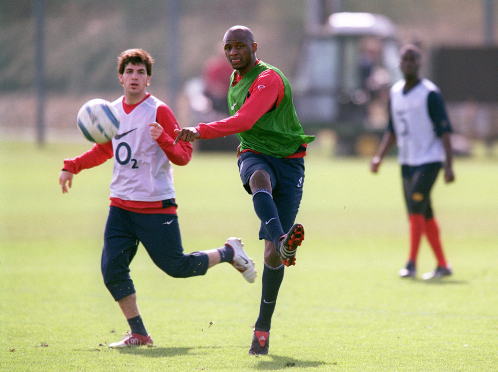 Cesc Fabregas and Patrick Vieira of Arsenal during an Arsenal Training Session on March 17, 2005 in St. Albans, England.