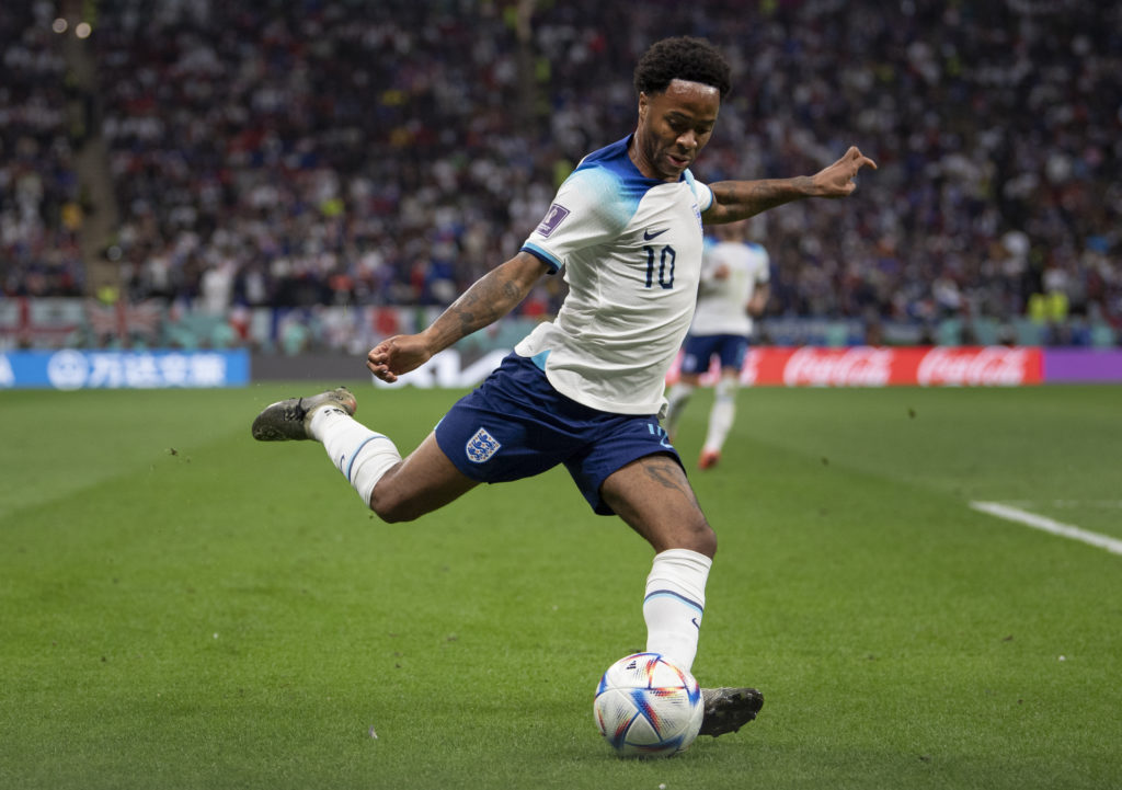 Raheem Sterling of England in action during the FIFA World Cup Qatar 2022 quarter final match between England and France at Al Bayt Stadium on Dece...