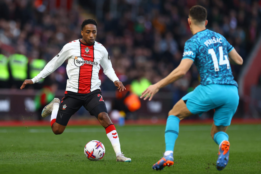 Kyle Walker-Peters of Southampton runs at Ivan Perisic of Tottenham during the Premier League match between Southampton FC and Tottenham Hotspur at Friends Provident St. Mary's Stadium on March 18, 2023