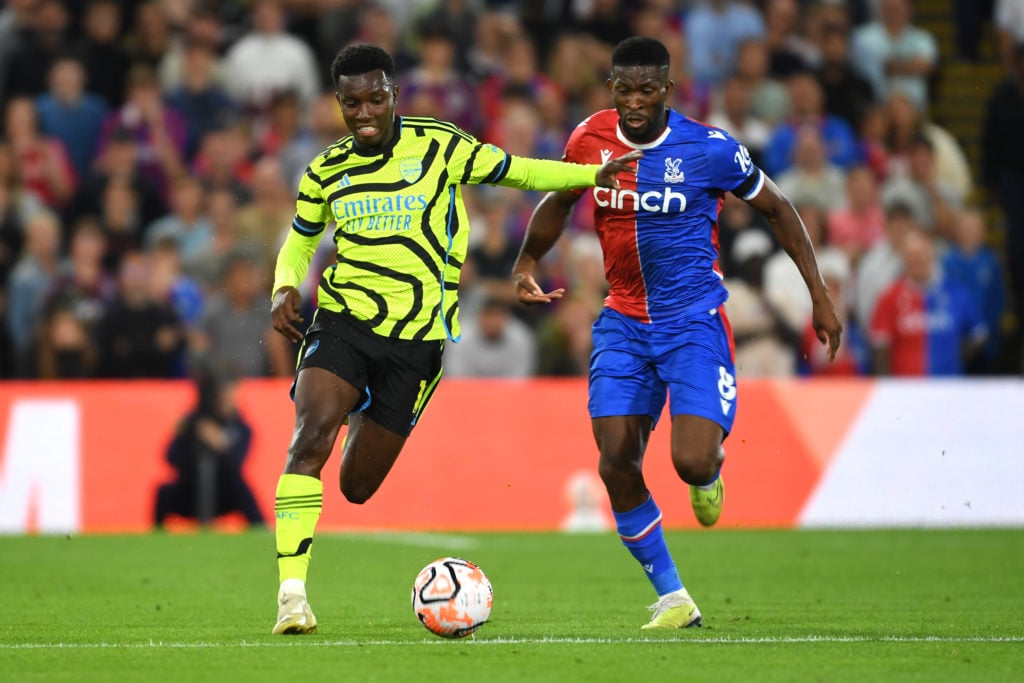 Eddie Nketiah of Arsenal battles for possession with Jefferson Lerma of Crystal Palace during the Premier League match between Crystal Palace and A...