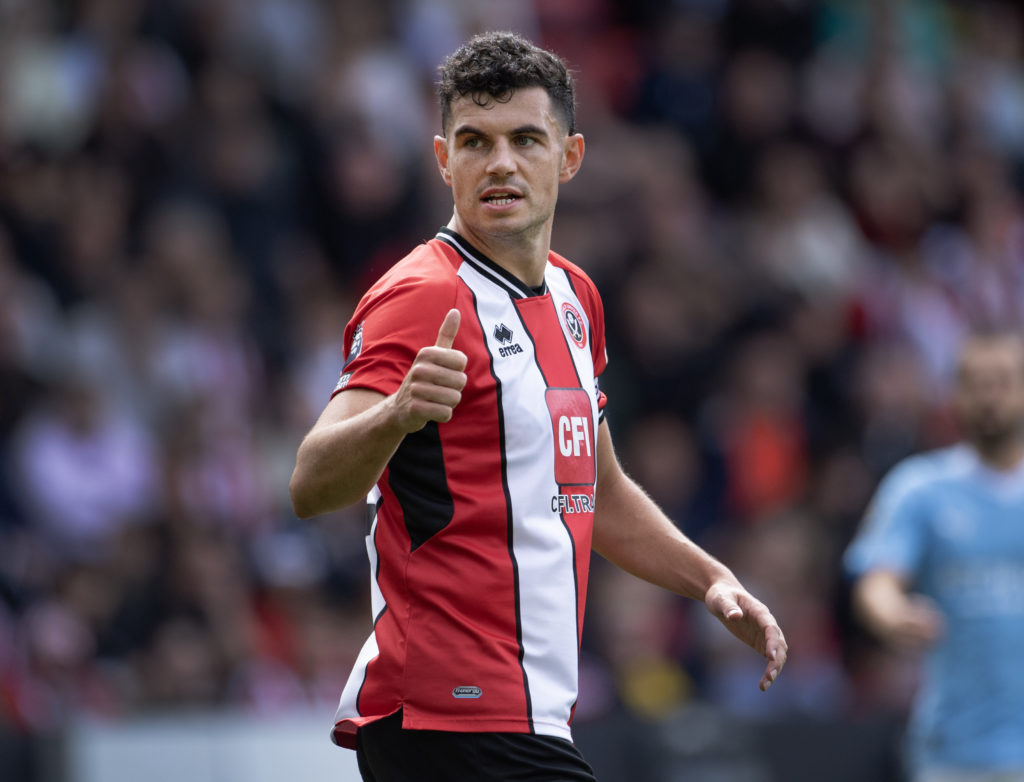 John Egan of Sheffield United during the Premier League match between Sheffield United and Manchester City at Bramall Lane on August 27, 2023 in Sh...