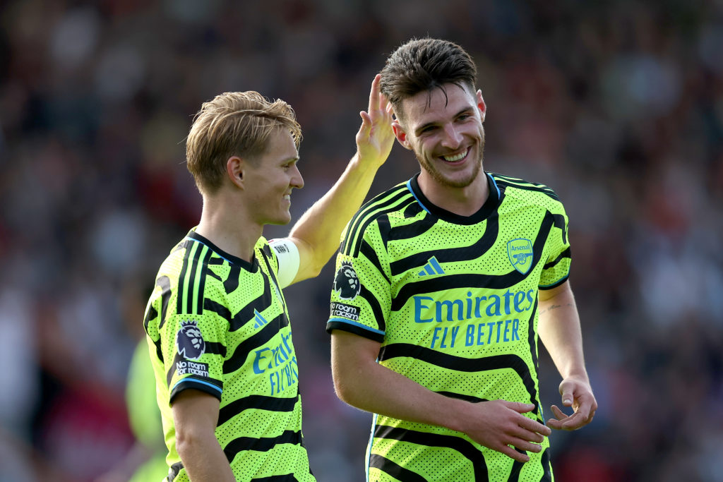 Martin Oedegaard and Declan Rice of Arsenal celebrate during the Premier League match between AFC Bournemouth and Arsenal FC at Vitality Stadium on...