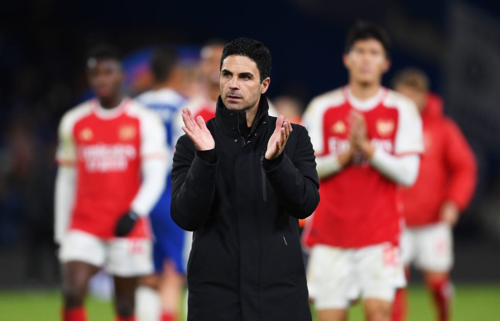 Mikel Arteta, Manager of Arsenal, applauds the fans following the Premier League match between Chelsea FC and Arsenal FC at Stamford Bridge on Octo...