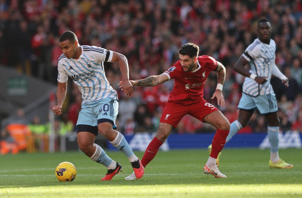 Nottingham Forest's Murillo gets away from Liverpool's Dominik Szoboszlai during the Premier League match between Liverpool FC and Nottingham Fores...