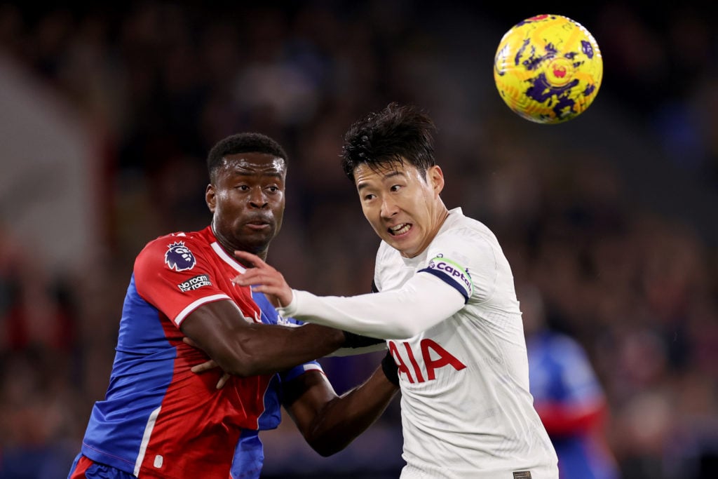 Marc Guehi of Crystal Palace battles for possession with Son Heung-Min of Tottenham Hotspur during the Premier League match between Crystal Palace ...