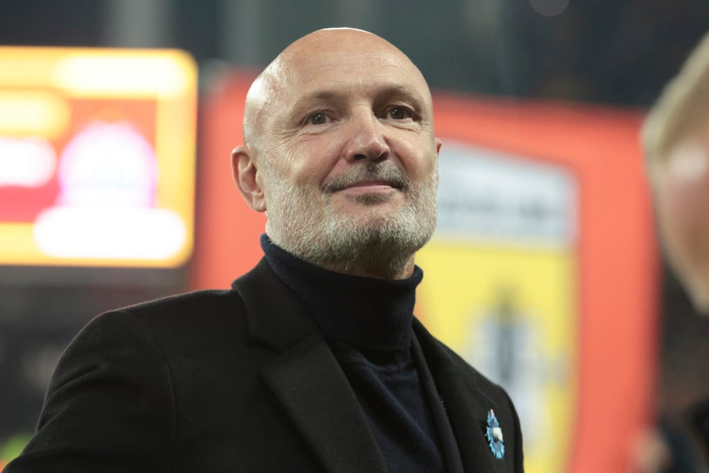 Franck Leboeuf looks on before the Ligue 1 Uber Eats match between RC Lens (RCL) and Olympique de Marseille (OM) at Stade Bollaert-Delelis on Novem...