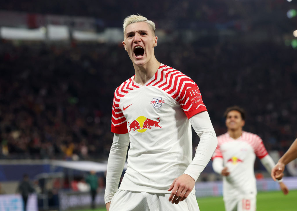 Benjamin Sesko of RB Leipzig celebrates after scoring their team's first goal during the UEFA Champions League match between RB Leipzig and BSC You...