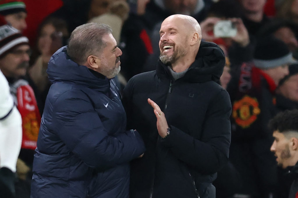 Manchester United's Dutch manager Erik ten Hag (R) greets Tottenham Hotspur's Greek-Australian Head Coach Ange Postecoglou (L) ahead of kick-off in...