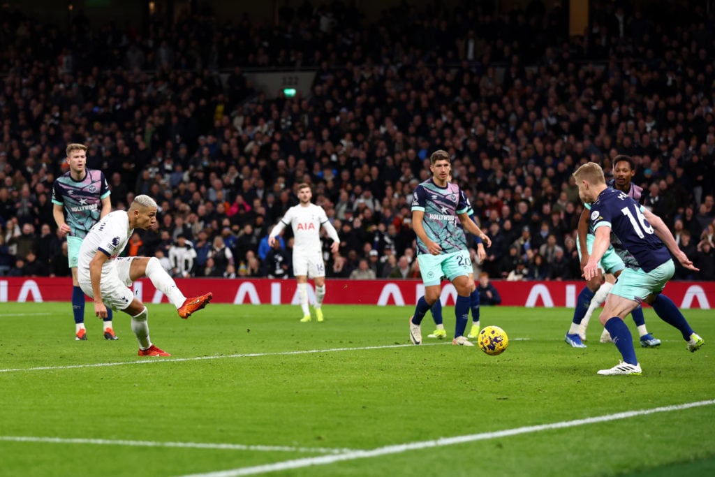 Richarlison of Tottenham Hotspur scores the third goal during the Premier League match between Tottenham Hotspur and Brentford FC at Tottenham Hots...