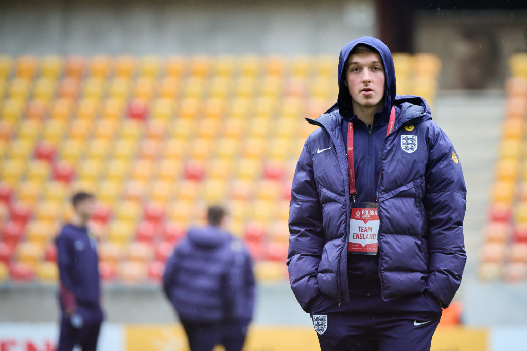 Alfie Devine of U20 England looks on prior to the International friendly match between U20 Poland and U20 England at Bialystok City Stadium on Marc...