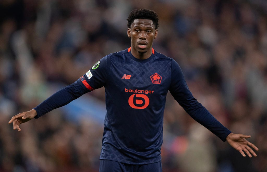 Jonathan David of Lille OSC during the UEFA Europa Conference League 2023/24 Quarter-final first leg match between Aston Villa and Lille OSC at Vil...