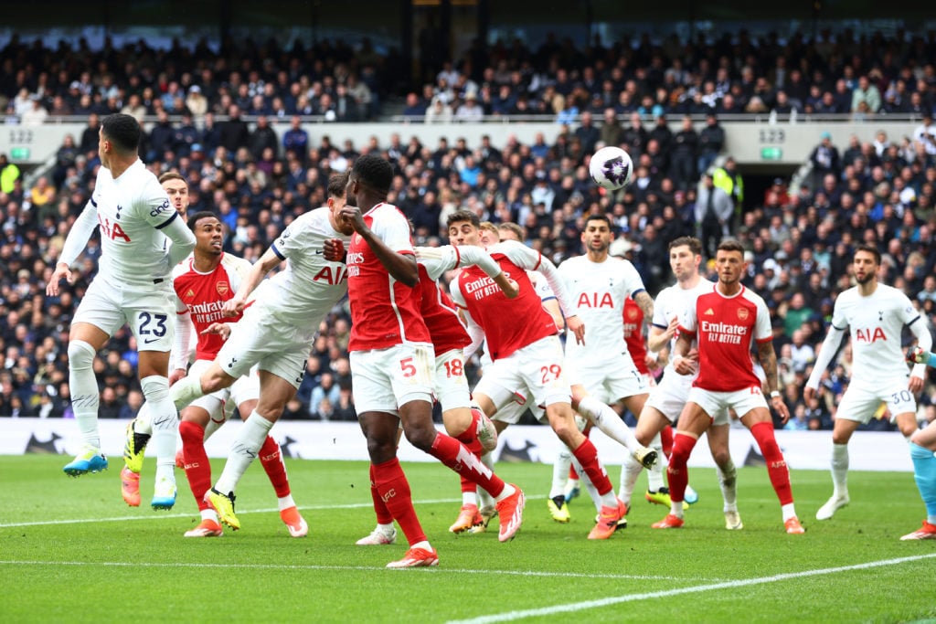 Pierre-Emile Hojbjerg of Tottenham Hotspur (obscured) scores an own goal, Arsenal first goal during the Premier League match between Tottenham Hots...