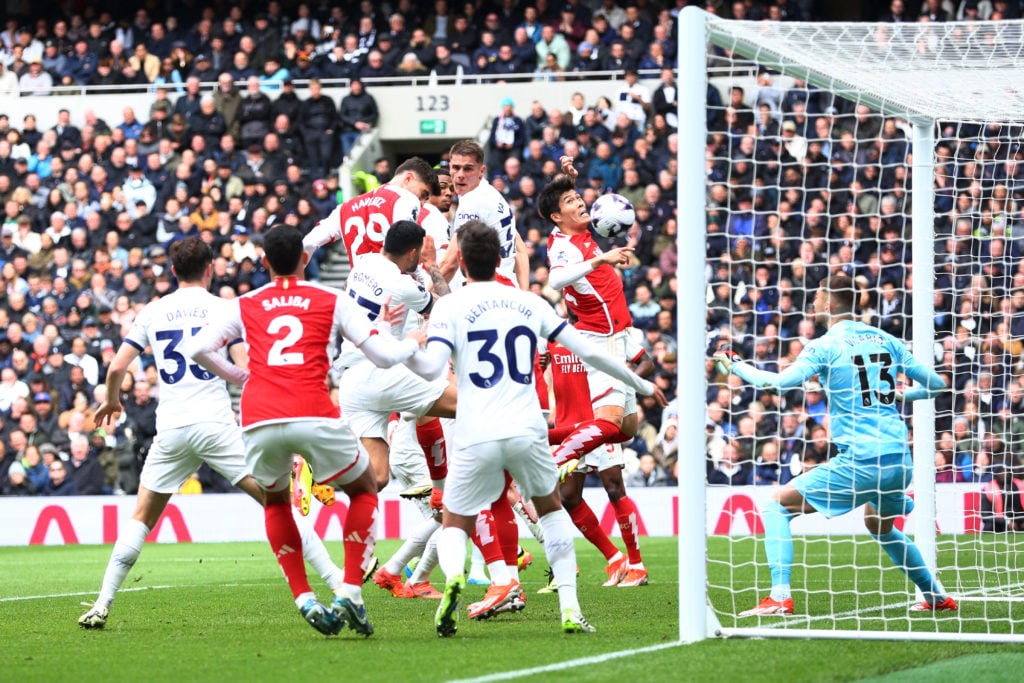 Kai Havertz of Arsenal scores his team's third goal during the Premier League match between Tottenham Hotspur and Arsenal FC at Tottenham Hotspur S...